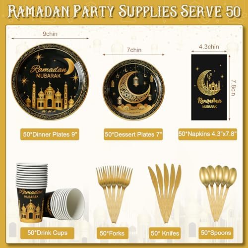 Ramadan Party Supplies Decorations for Home Serve 50, Eid Mubarak Ramadan Black and Gold Plates and Napkins Set, Disposable Paper Plates Napkins Cups Knives Spoons Forks for Ramadan Party Decorations - Image 2