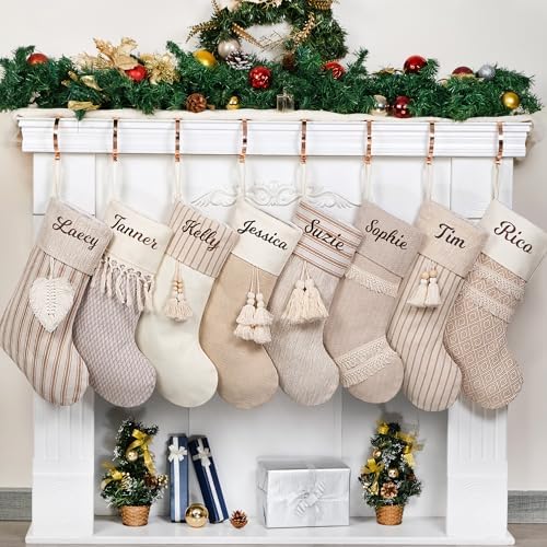 GEX Personalized Christmas Stockings Custom Name 4 Pack for Family with Names Embroidery 20" Large Rustic Boho Farmhouse Country Xmas Stockings with Tassels Fireplace Decoration Ornament (Set of 4) by GEXWorldwide