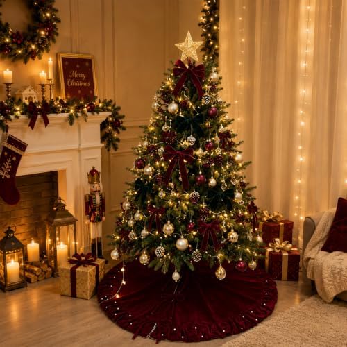 Christmas Tree Skirt, Wine Red Velvet with Ruffled Pearl 60 Inch - Image 6
