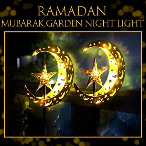 Tujoe 2 Pcs Eid Mubarak Solar Lights Eid Al Adha Outdoor Decorations Mubarak Star Moon Lights Solar Stakes Waterproof for Outdoor Decorations Garden Walkway Lawn Patio Yard(Star) - Image 3