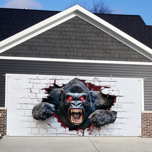 16x7ft Breaking Wall Gorilla Garage Door Banner- Smashing Brick Wall Backdrop, Large Hanging 2 cars Garage Decorations - for Halloween & Birthday Party Funny Novelty Background Sign, Man Cave Decor - Image 6