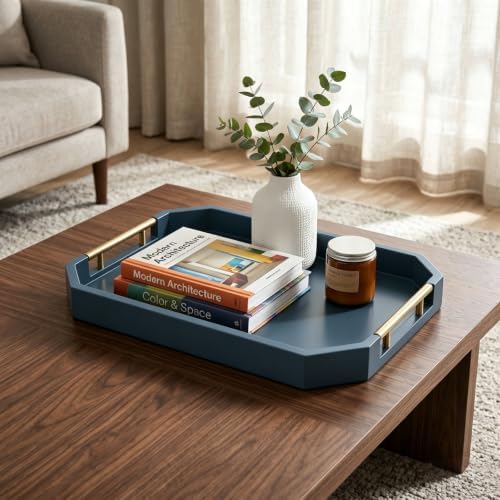 Decorative Wood Serving Tray with Polished Gold Handles, Octagon MDF Tray, Glossy Finish, 16x12 Inch, for Coffee Table, Ottoman (Blue) - Image 6