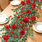 12FT Artificial Flower Garland 2 PCS Fake Red Silk Rose Vines Home Decor - Image 2