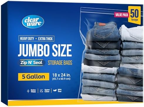 Clearware 50 Large Storage Bags With Zipper Top - 5 Gallon Bags 18" x 24", Extra Plastic for Clothes, Travel, Moving, Reusable freezer bags, BPA-Free, 2-mil Thick by Clearware