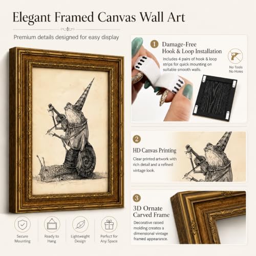 Gold Framed Frog Snail Musician Wall Art, Line Art Canvas Print, 24x16 - Image 2