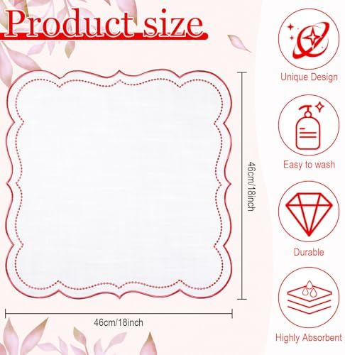 Hahafelt 12 Set Scalloped Cloth Napkins, Embroidery Polyester, Red - Image 2