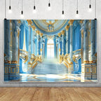 Leowefowa Luxurious Golden Hall Backdrop 12x8ft Glod Handrail Interior Stairway Chandeliers Photography Background for Wedding Blue Gold Palace Banner Masquerade Party Theme Decor Vinyl - Image 5