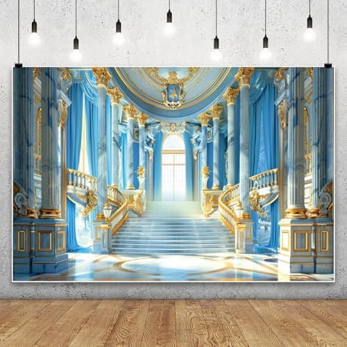 Leowefowa Luxurious Golden Hall Backdrop 10x8ft Glod Handrail Interior Stairway Chandeliers Photography Background for Wedding Blue Gold Palace Banner Masquerade Party Theme Decor Vinyl - Image 5