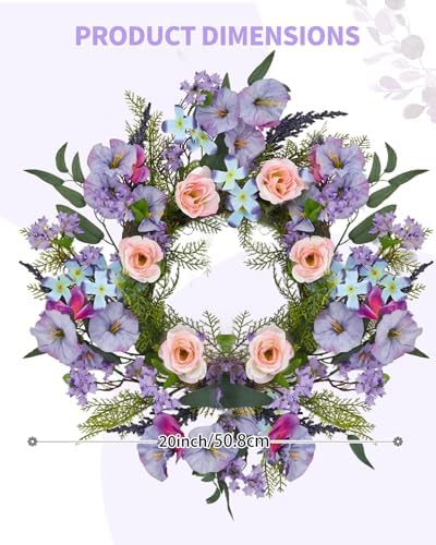 20 Inch Artificial Trumpet Rose Wreath – Purple & Pink Spring Summer Fall Winter Door Decor – PVC+PE Farmhouse Wall Wreath for Indoor Outdoor Use – Lifelike Floral Design - Image 4