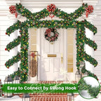 Christmas Garland, 9FT Prelit Christmas Garland with 50 LED Lights, Greenery Xmas Garland with 16 Pine Cones 75 Red Berry Christmas Decoration for Indoor Outdoor Home Mantel Fireplace - Image 7