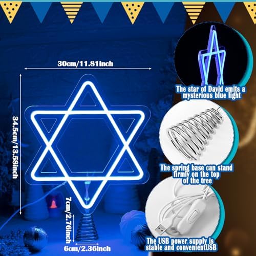 16.3 Inches Star of David Hanukkah Tree Topper Hanukkah Decorations Christmas Star Tree Topper Blue Lights USB Power Supply Suitable for Diwali Birthdays Weddings Parties Christmas Tree - Image 2