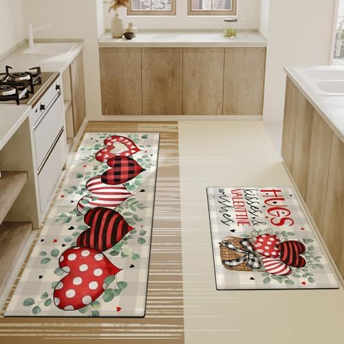 Valentines Day Kitchen Mat Set 2 Piece,Valentine's Day Buffalo Plaid Polka Dot Stripes Love Hearts Kitchen Rugs,Valentines Eucalyptus Leaves Low-Profile Mats for Home Kitchen Decor 17"x48"+17"x30" - Image 4