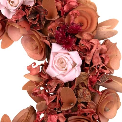 Silk Roses and Shaved Wood Flowers Small Artificial Spring Wreath - 12" - Unlit - Pink - Image 5