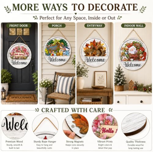 16 Pcs Interchangeable Welcome Sign for Front Door, 12 Inch Seasonal Wooden Door Hanger With 16 Magnetic Icons, Wooden Welcome Signs for Front Door for Holidays and Year Round Home Decor (12set) - Image 7