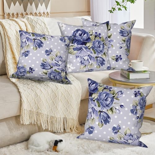 Blue Flower Throw Pillow Covers 22"x22" Set of 4, Vintage Floral Sofa Cushion Cover for Chair Couch Bed Living Room Office Car Garden Patio Farmhouse Indoor Outdoor Decorative - Image 4