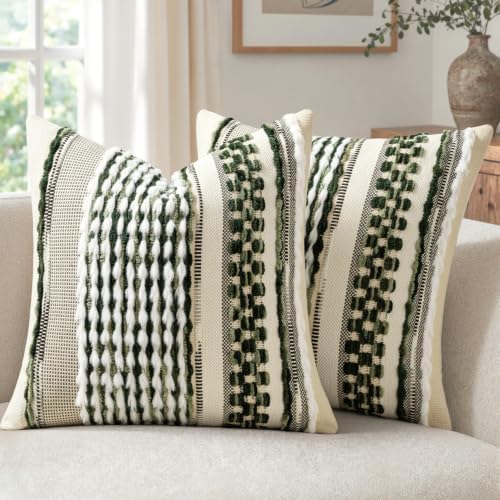 ANRODUO Boho Decorative Pillow Covers Plush Olive Green 18x18 Pack of 2 by ANRODUO