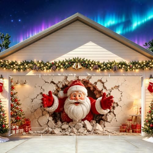 Funny Santa Claus Garage Door Banner Mural - Realistic Christmas Santa Bursting Through Wall Backdrop Large 7x16ft Winter Holiday Outdoor Wall Decor Weatherproof Fabric Cover for Home Xmas Party by LEIWEIHOPE