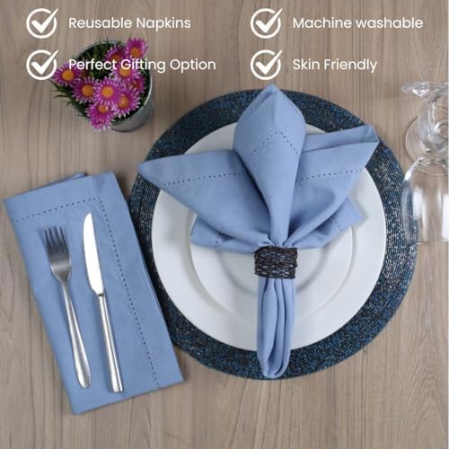 Hemstitch Cloth Dinner Napkins Cotton Set of 12 - Soft Durable Washable - Ideal for Farmhouse Parties Wedding Christmas Easter - Perfect Everyday Use Table Cloth Napkins 18x18 Light Blue - Image 4