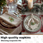 Newwiee Christmas Linen Napkin Set of 4 100% Linen Cloth 20 Inch Christmas Holly Pine Embroidered Napkin Square Dinner Serviette Soft & Durable Holiday Table Decor Xmas Wedding Cocktail Party Supply - Image 6