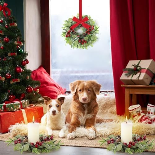 12 Pcs 9 Inch Christmas Artificial Wreaths for Kitchen Cabinet Norfolk Pine Garland with Red Berries Pinecones Wreaths Swags Snowy Pine Candle Rings Holder for Christmas Decorations Table Centerpiece - Image 6