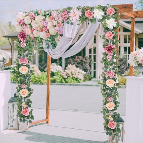 Waipfaru 2Pcs Artificial Flower Garland Decorations, 12.14Ft Eucalyptus Greenery Vines with Pink Roses for Wedding Table Runner Centerpieces Backdrop Room Decor (Pink) - Image 6