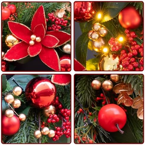 Christmas Wreaths for Front Door- 24 Inch Outdoor Prelit Christmas Door Wreath with Lights, Lighted Xmas Wreath with Poinsettia Flowers,Red Berries,Golden Ball- Home Christmas Decorations - Image 4