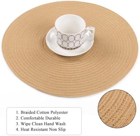 SHACOS Round Placemats Set of 8 Washable 15 inch Round Placemat Cotton Polyester Woven Braided Table Place Mats for Dining Table Decor, Camel - Image 4