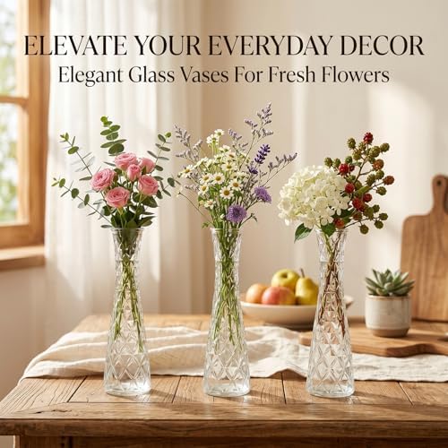 12 Pcs Diamond Pattern Glass Bud Vases, Clear Small Single Stem Flower Vase, Table Centerpiece Decor Vase for Wedding Party Home Kitchen Office Decoration Gift - Image 2