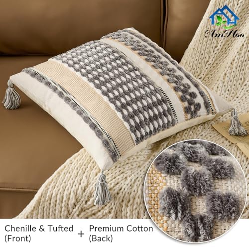 AmHoo Set of 2 Chenille Striped Textured Boho Throw Pillow Covers Aesthetic with Tassels Woven Decorative Pillow Case for Couch Bed Sofa Bedroom Modern Funky 18 x 18-Inch Grey White - Image 2