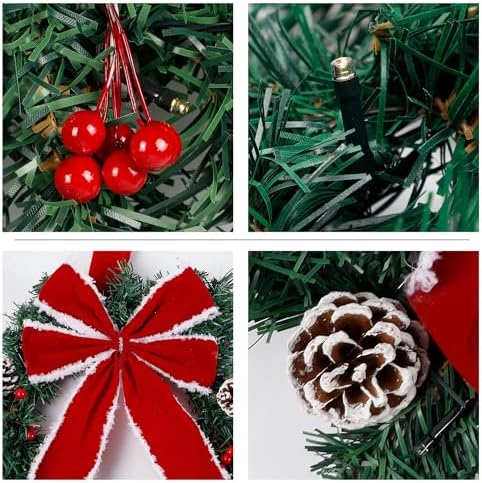 Hausse Set of 3 Christmas Wreaths, Lighted Artificial Christmas Wreath with Large Red Bow & Ornaments, Battery Operated with LED Lights, for Front Door Gate Wall Christmas Party Decorations - Image 4