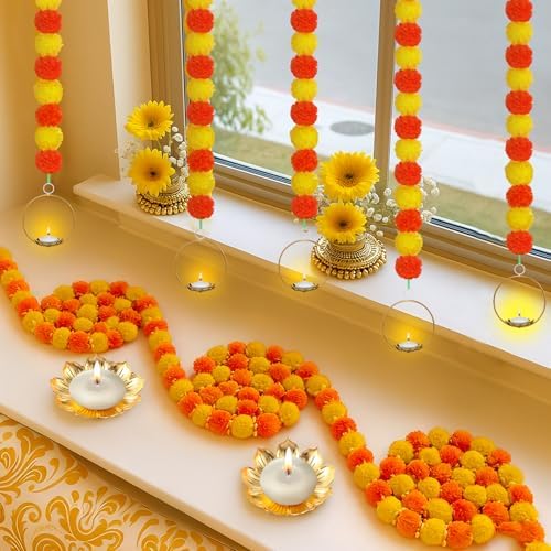 5 Pcs Marigold Garland 4 Ft Lotus Candle Holder Diwali Pooja - Image 4