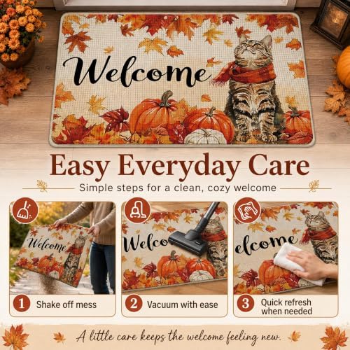 Fall Welcome Doormat 32x48in, Autumn Cat with Plaid Scarf Front Door Mat - Image 6