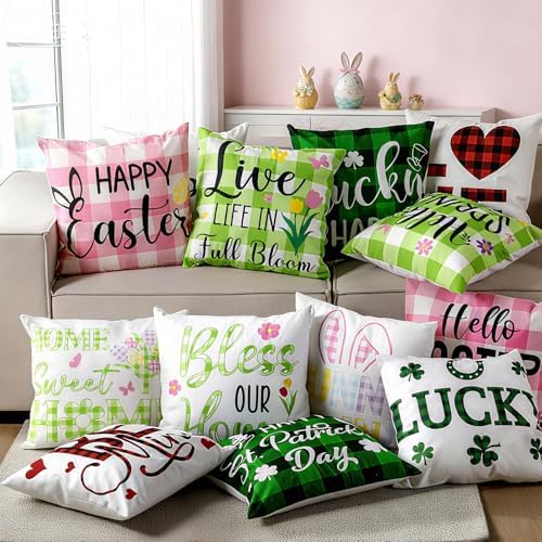 GlikCeil Set of 16 Easter Pillow Covers 18 x 18 Inch St. Patrick's Day Spring Pillowcase Holiday Throw Pillow Covers Valentine's Day Heart Clover Bunny Cushion Case Vintage Pillowcase for Home Decor - Image 6