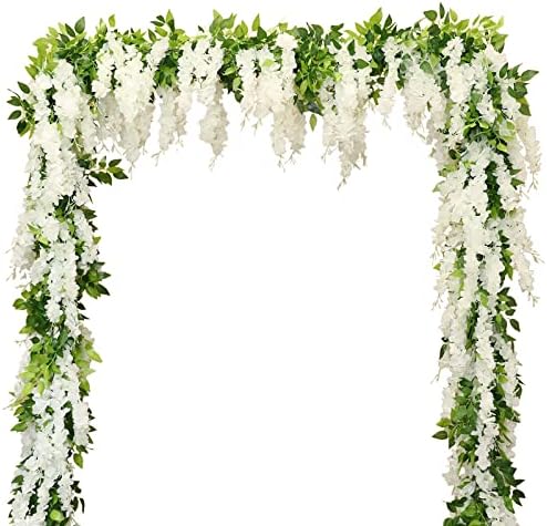 dallisten Wisteria Artificial Flowers Garland, 4Pcs 7.2Ft/Piece Silk Fake Wisteria Vine Kit, Hanging Flower for House Outdoor Garden Ceremony Outside Wedding Arch Floral Decor (4, White) by dallisten