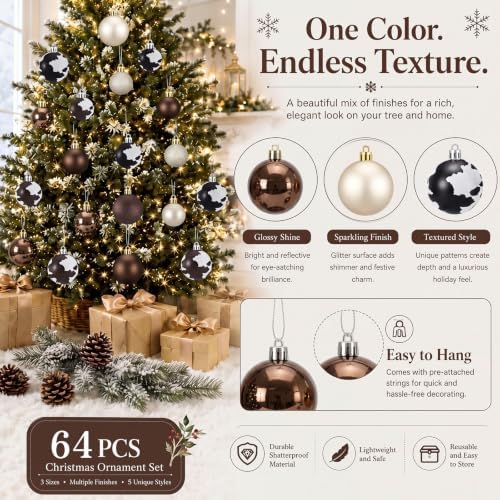 Lunmon 64 Pcs Cow Print Christmas Ball Ornaments Brown Cowhide Western Cowboy Xmas Bulbs 1.6/1.97/2.4 Inch Champagne Bronze Plastic Hanging Decor Assorted Size Xmas Decor for Home Tree Wreath Party - Image 4