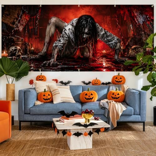 Gothic Horror Ghost Garage Door Banner 7x16ft, Bloody Zombie Girl Crawling Outdoor Decoration, Haunted House Secret Room Chain Double Garage Door Cover Tapestry Mural for House Front Holiday Decor - Image 7