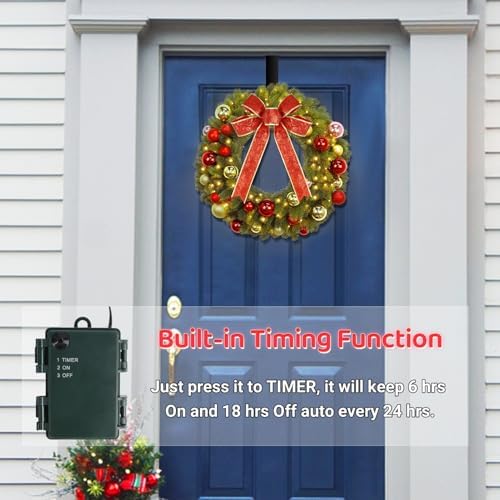 Juegoal 21 Inch Pre-Lit Christmas Wreath with Metal Hanger, Lighted Xmas Folded Wreath with 60 LED Lights, Red Bow and Colorful Balls, Battery Operated & Timer for Outdoor Home Window Wall Front Door - Image 4
