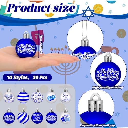 Beeveer 30 Pcs Happy Hanukkah Ornament for Tree Balls Star of David Hanging Ornaments 10 Styles Shatterproof Decorations White Blue Jewish Christmas Balls for Xmas Tree Decoration - Image 2