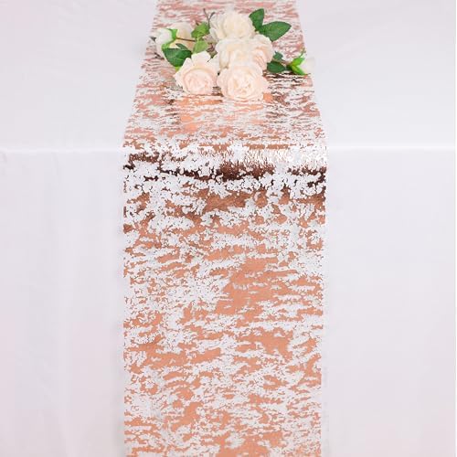 Snowkingdom 2 Pieces Rose Gold Table Runner 11"x108" Glitter Sequin Metallic Pink Thin Mesh Runner Sparkly Table Decorations for Wedding, Bridal Shower, Baby Shower Birthday Party - Image 2