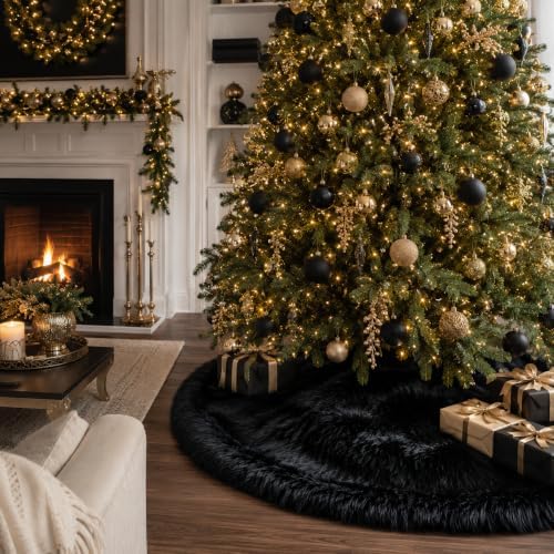 AOGU 48 Inch Black Christmas Tree Skirt, Faux Fur Halloween Tree Skirt - Image 5