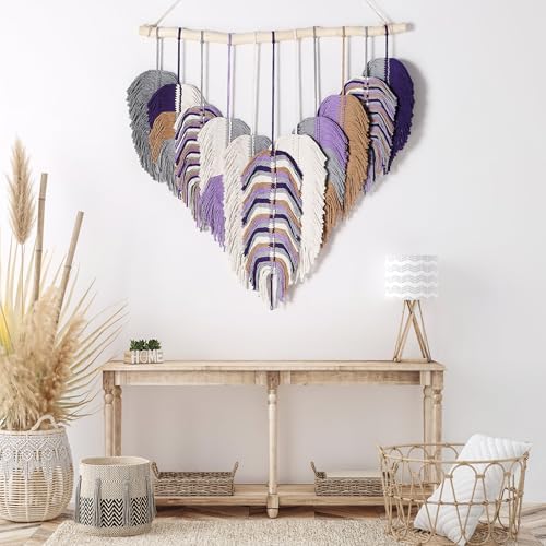 Amestrina Large Macrame Wall Hanging, Boho Chic Macrame Wall Decor, Bohemian Leaf Feather Macrame Wall Art, Handmade Macrame Wall Hanging Tapestry for Bedroom Living Room 31" Wx 31" L (Purple) - Image 6