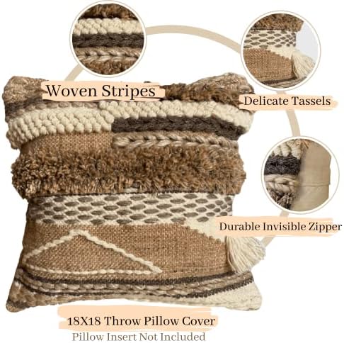 Handwoven Boho Throw Pillow Cover 18x18 Pillows for Sofa, Bed and Couch Decorative Knitted Pillow with Tassels Tufted Accents Cotton/Wool Home Decor, Limited Edition - Image 5