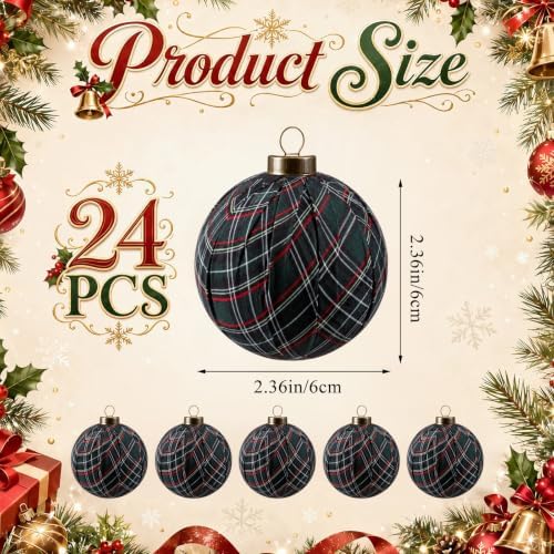 Hollowfly 24 Pcs 2.36 Inch Christmas Tartan Plaid Ball Ornaments Vintage Large Buffalo Plaid Balls Christmas Tree Hanging Ornament Rustic Ball Pendant Hanging Decor for Xmas Tree Party(Green) - Image 2