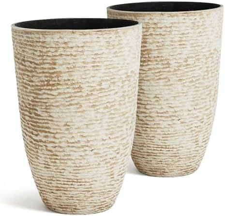Worth 9 Gallon Tall Round Planters Set of 2-14" Dia x 21" H Stone Finish Flower Pots Indoor Decorative Container Garden Patio Unbreakable Beige by WORTH