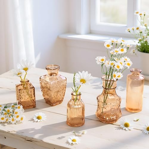 Bud Vases in Bulk 24, Amber Mini Glass Vases for Centerpieces, Vintage Embossed Small Vase for Flowers, Decorative Cute Vase for Wedding Table Decoration, Birthday Party, Baby Shower, Home - Image 3