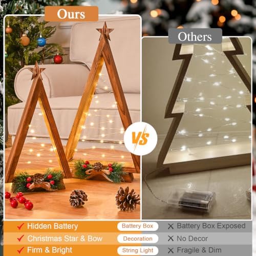 2 Pcs Triangle Tabletop Wooden Christmas Tree with Lights, Modern Farmhouse Rustic Christmas Decor, Small Lighted Xmas Tree for Kitchen Mantle Shelf Living Room(14.2" Large / 11" Small) - Image 5