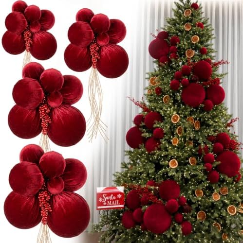4 Set Large Burgundy Velvet Christmas Ball Clusters Christmas Ball Ornament by Soulchen