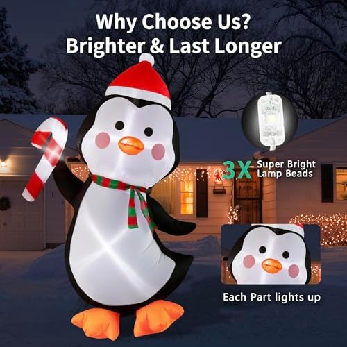 5FT Christmas Inflatables Outdoor Decorations Penguin Holding Candy Cane Blow Up Cute Christmas Decor Built-in LED Lights for Xmas Yard Outside Indoor Party Lawn Garden Porch Holiday - Image 5
