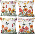 4 Pcs/Set Floral Pillow Covers Pink Flowers Green Leaves Colorful Butterflies Nature Plants Rustic Farmhouse Decor Throw Pillow Covers for Outdoor Home Couch Sofa Bedroom, 26"x26" by VieSavaran