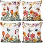 4 Pcs/Set Floral Pillow Covers Pink Flowers Green Leaves Colorful Butterflies Nature Plants Rustic Farmhouse Decor Throw Pillow Covers for Outdoor Home Couch Sofa Bedroom, 26"x26" by VieSavaran